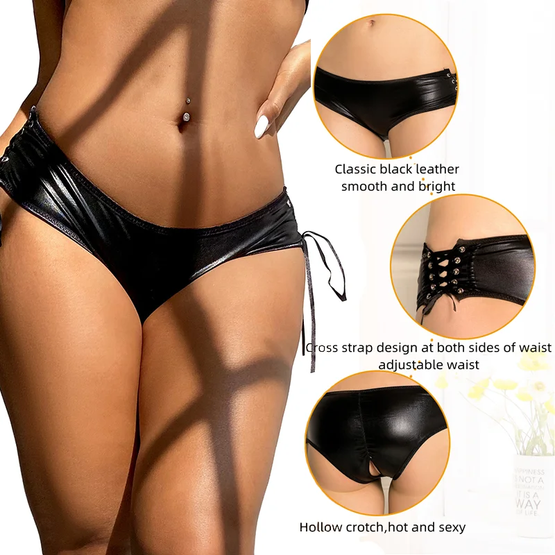 Fashion Black Leather Lacing Briefs Women Low Waist Lingerie Sexy Plump Panties Crotchless Plus Size Knickers Bandage Underpants