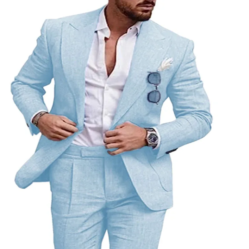 

Men's 2 Piece Linen Suits Set Regular Fit Casual Lightweight wedding Blazer Jacket and Pants