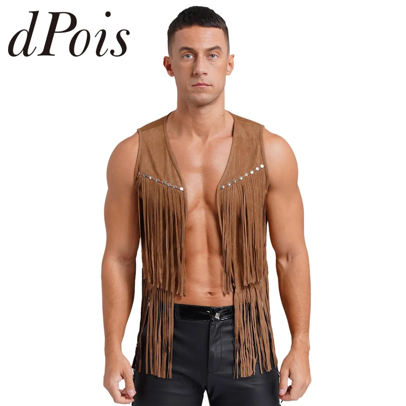 Mens Faux Suede Tassel Vest Western Cowboy Vest Halloween Costume Fashion Rivets Fringe Waistcoat Open Front Sleeveless Jacket