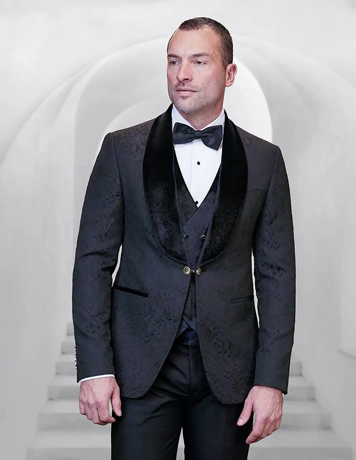 Plus Size Wedding Tuxedos Jacquard Velvet 3 Pcs Jacket Vest Pants Men Suit Slim Fit One Button Grooms Evening Blazers Customized