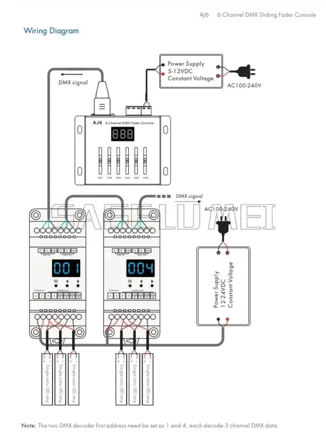 AJ6 Skydance 5-24VDC or 3xAAA Battery Controller Wiring Dip-Switch For Lights 6 Channel DMX Sliding Fader Console Master DMX512 - view 6
