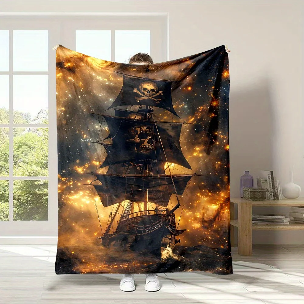 Highly Detailed Pirate Ship Skeleton Skull Throw Blanket Nautical Ocean Gothic Fleece Microfiber Decor Bed Cover