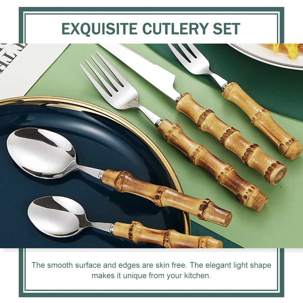 

5 Piece Stainless Steel Cutlery Set Bamboo H Home Cutlery Kit Reusable Kitchen Tableware Dinner Spoon Fork