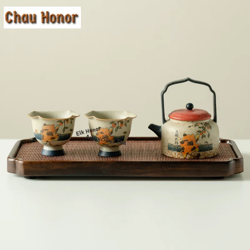 

Чайный сервиз с подъемной ручкой «Оранжевый кот», полный набор, японский набор для чайной церемонии, набор чайников и чайных чашек, украшения для кафе