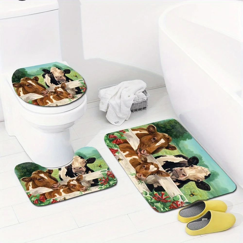

3pcs Farm Animal Cow Bathroom Rug Set Non-Slip U-Shaped Mat and Toilet Lid Cover Pastoral Theme Washable Indoor Floor Mats