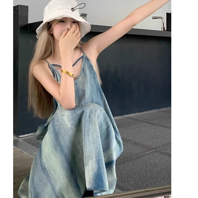 

Summer French Tie Dye Print Women Suspenders Dress Loose Sweet Lazy Style Fashion Casual Seaside Vacation Beach Long Skirt Blue