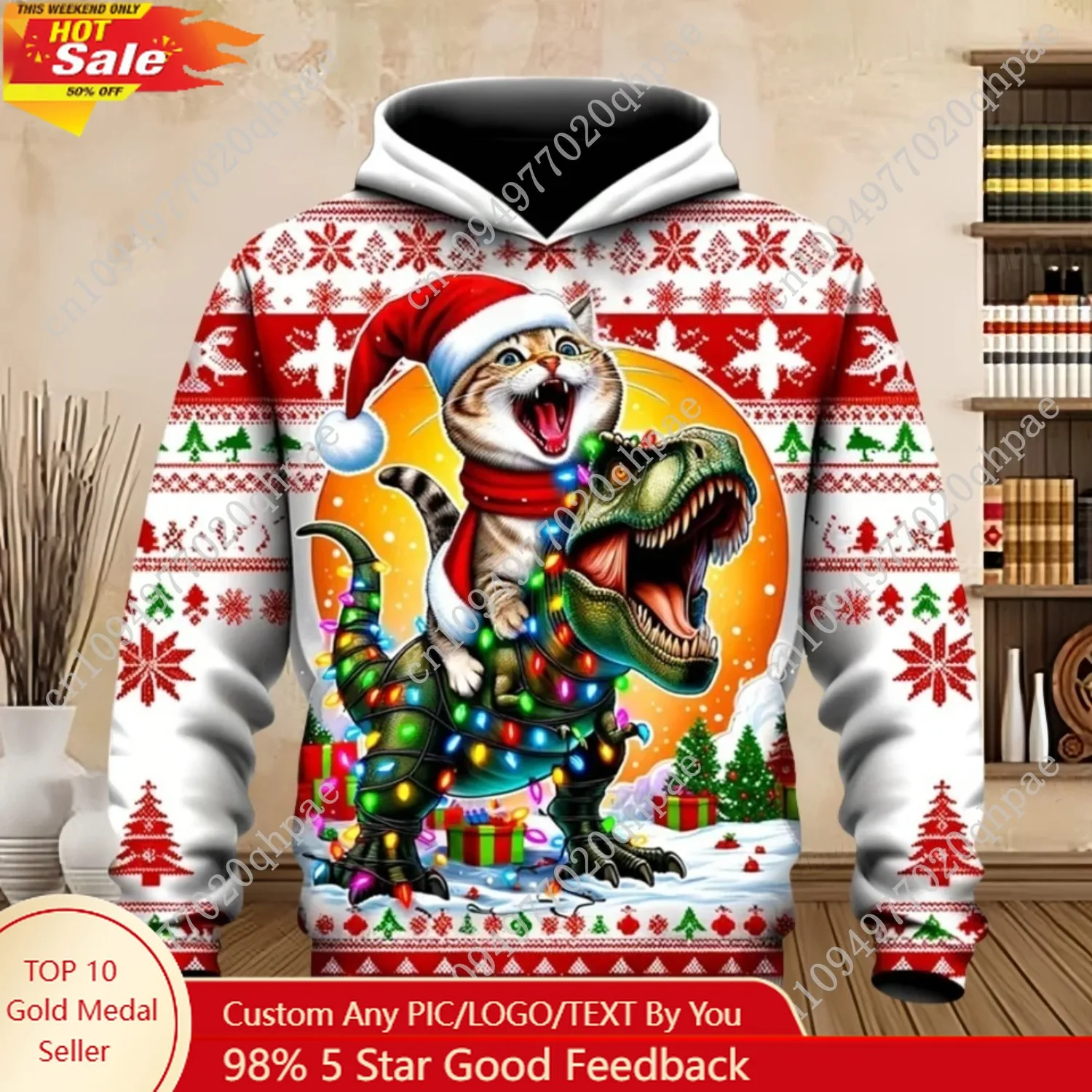 

Children's Hoodie Christmas Cute Cat Print Kids Clothes Santa Claus Hoodie Sweatshirt Holiday Casual Fashion Children's Clothing