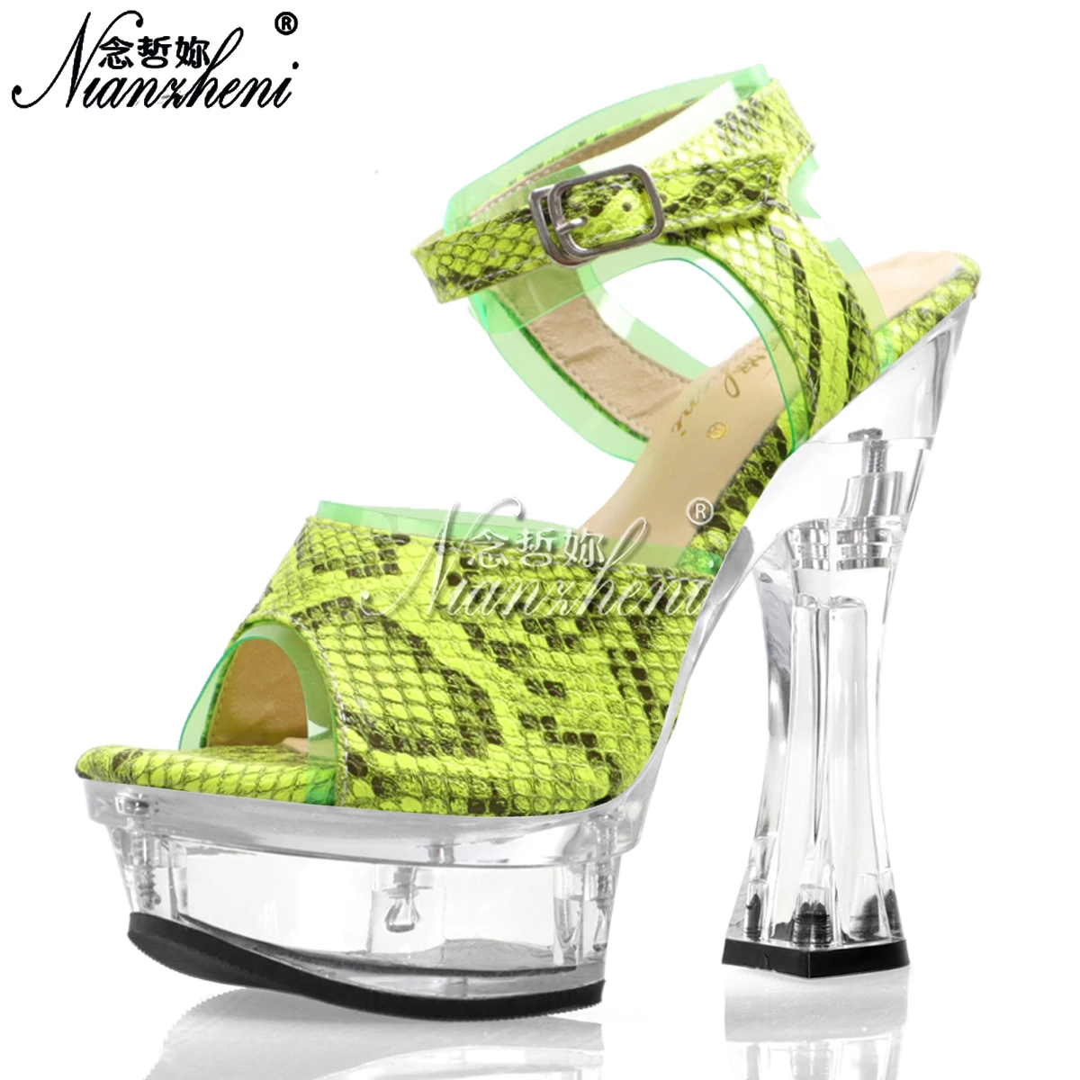 

novelty green Snake skin Stripper 14cm Peep Toe Clear Platform 7Inch Thin Heels Sandals Women Pole Dance Exotic Sexy Fetish club