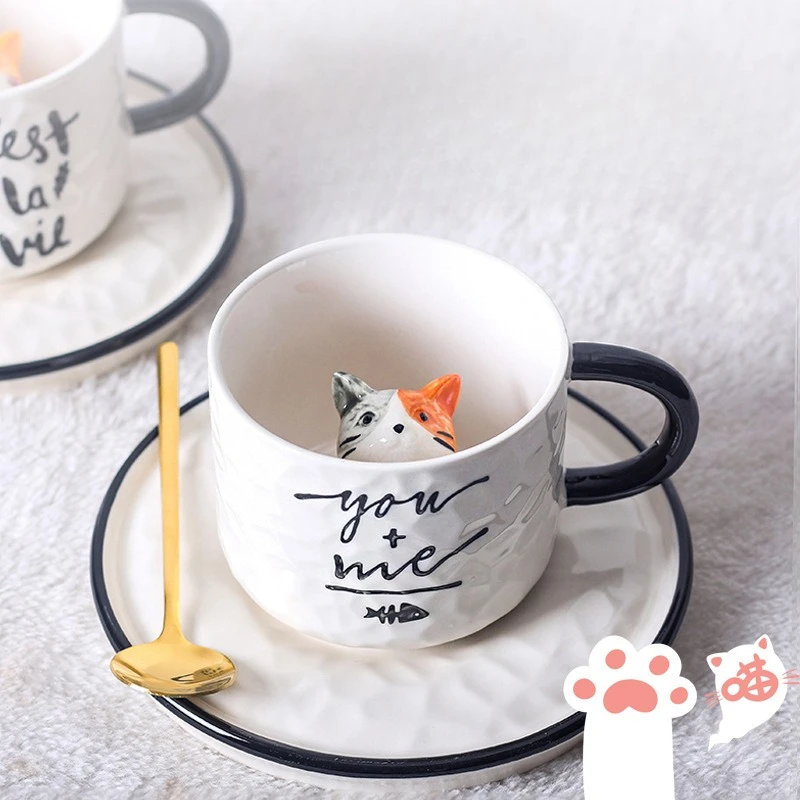 

Ceramic Coffee Mug Set with Saucer Mini Cute Cat Couple Cup Creative Trendy Design