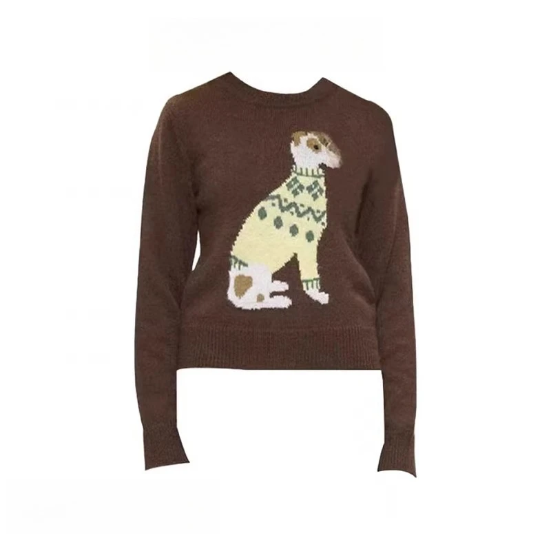 レディース子犬パーティー ニットセータースカートセット 秋冬暖かい犬クロップトップ＆ミディAラインスカート スリムで居心地の良い2ピースアウトフィット