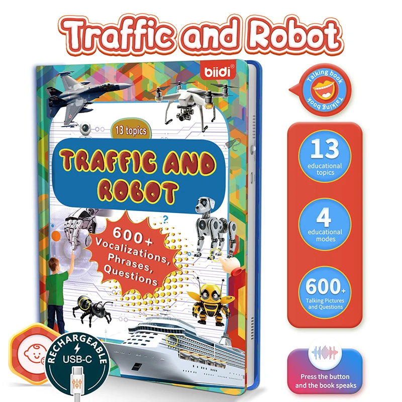 English Sound Book Traffic&Robot Montessori Education Interactive Word Teaching Learning Machine Talking E-Book for Children Boy