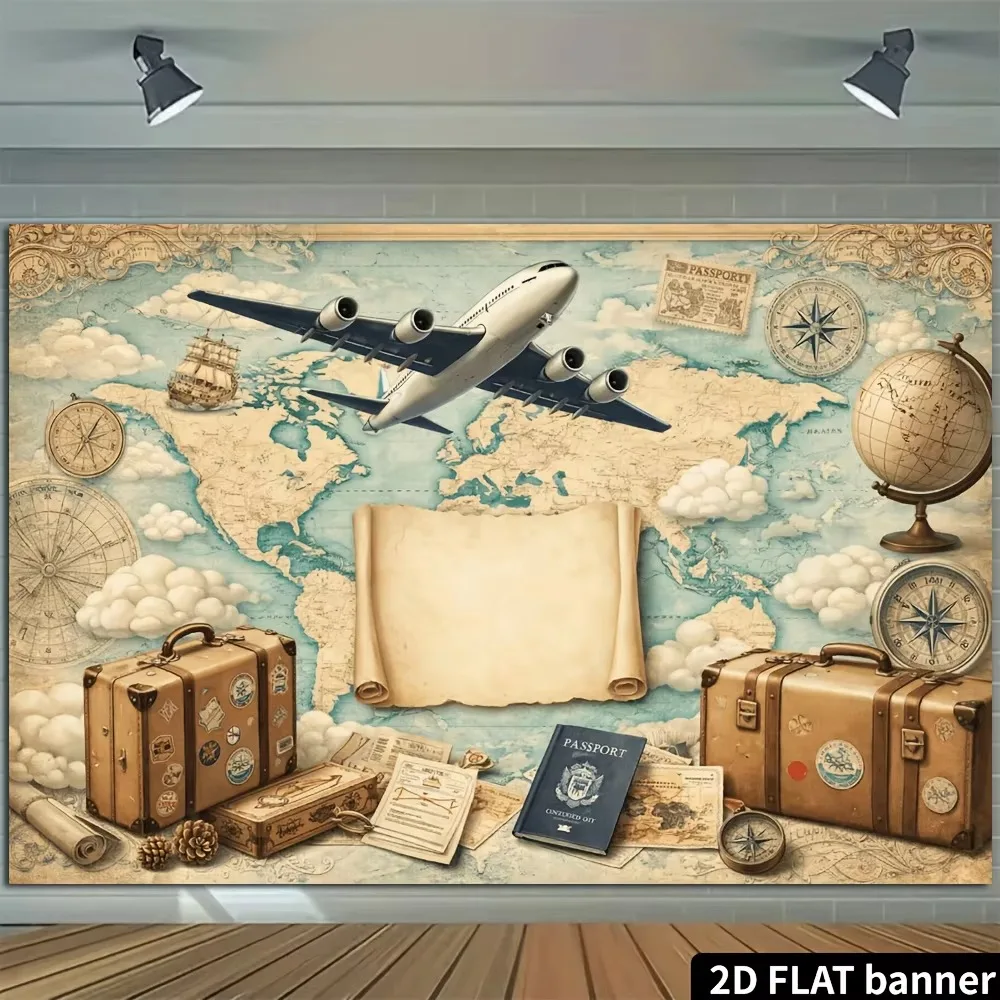 Retro Travel World Map Element Theme Banner Decoration Background, Travel Birthday Party, Home Decoration Photography Background