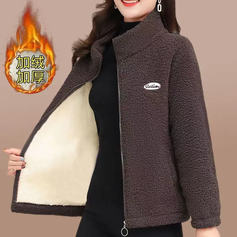 Women's Polar Fleece Jacket Autumn Winter Zipper Plush Letter Fleece Liner Warm Outerwear Jackets Thickened Loose Female Coats