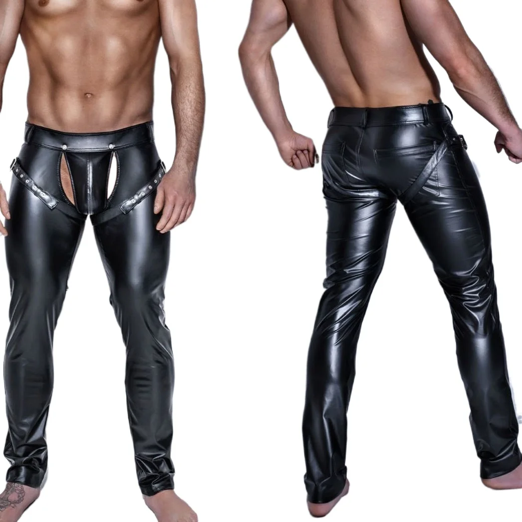 

Mens Elastic Waist Open Crotch Trousers Wet Look Patent Leather Skinny Pants Clubwear Leggings