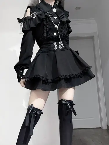 Conjunto de capa de lolita gótica dulce de 3 colores, blusa de encaje con hombros descubiertos y falda de cintura alta, traje de dos piezas de estilo japonés Kawaii S-XL