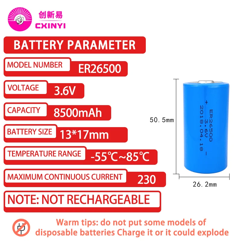 1Pcs Cxinyi ER26500 3.6V For Flow Meter Intelligent Water Meter Lithium Battery IoT Type C Size No.2 Battery Customizable Plug