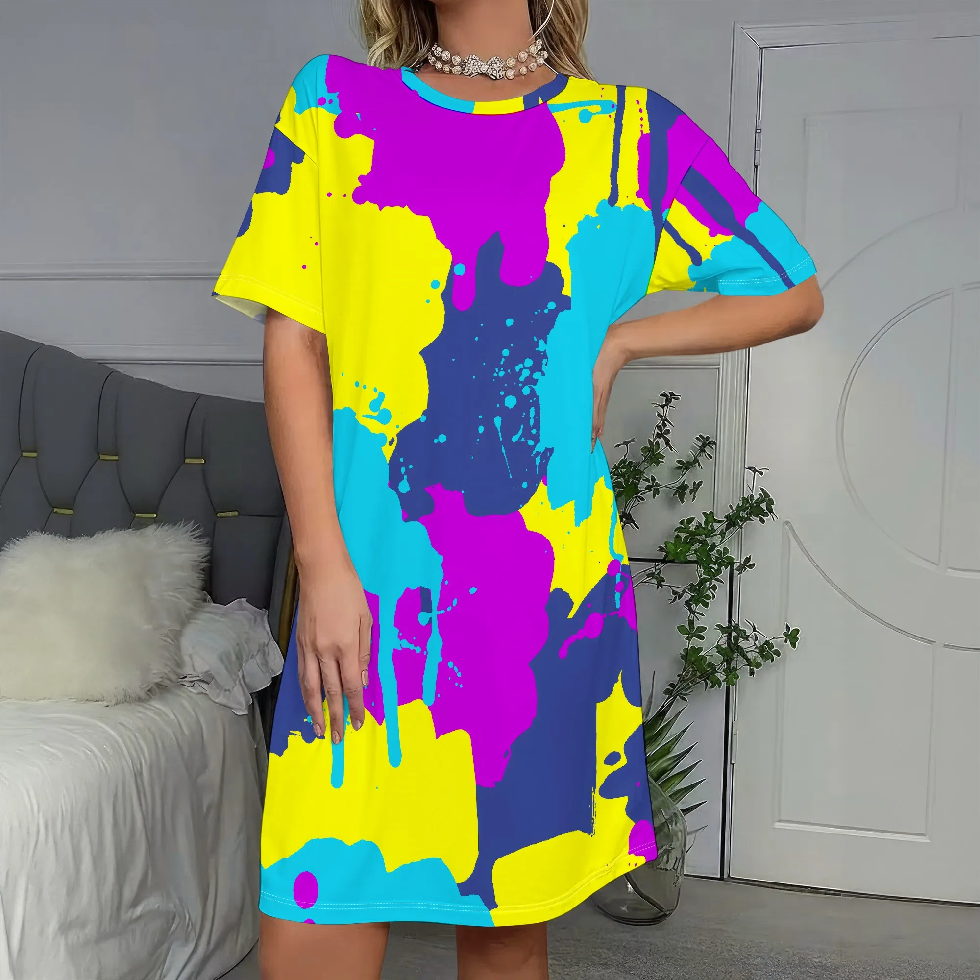 

Vibrant Paint Splatter Dress, Neon Art Print T-Shirt Dress, Colorful Casual Summer Wear, Loose Fit Mini Dress for Women S-2XL