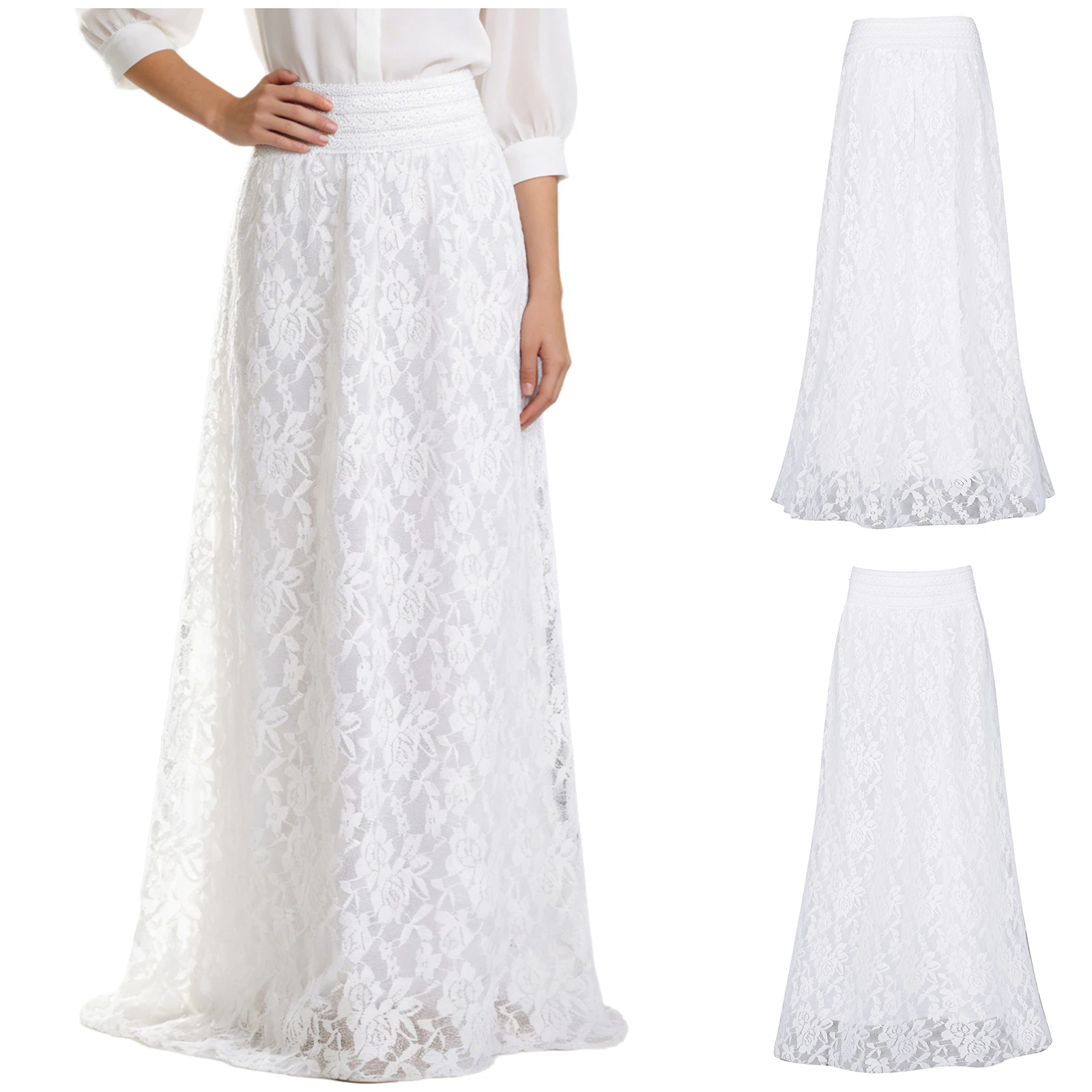 

Юбка макси с высокой талией и кружевом для женщин, с цветочным узором, эластичным поясом, А-образным подолом, на подкладке, элегантная, для вечеринок и банкетов