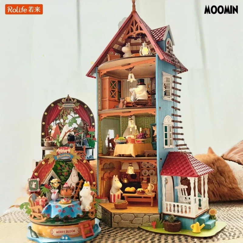 Rolife Moomin-Haus Holzbausteine Moomin-Tal Montagemodell Gartenparty Waldcamp Desktop-Dekoration Spielzeug Geschenke
