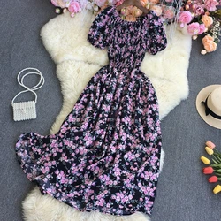 2024 New Fashion Summer Flower Print Long Dress Women Vintage Slash Neck Ruched Chest A Line Sundress Party Vestidos