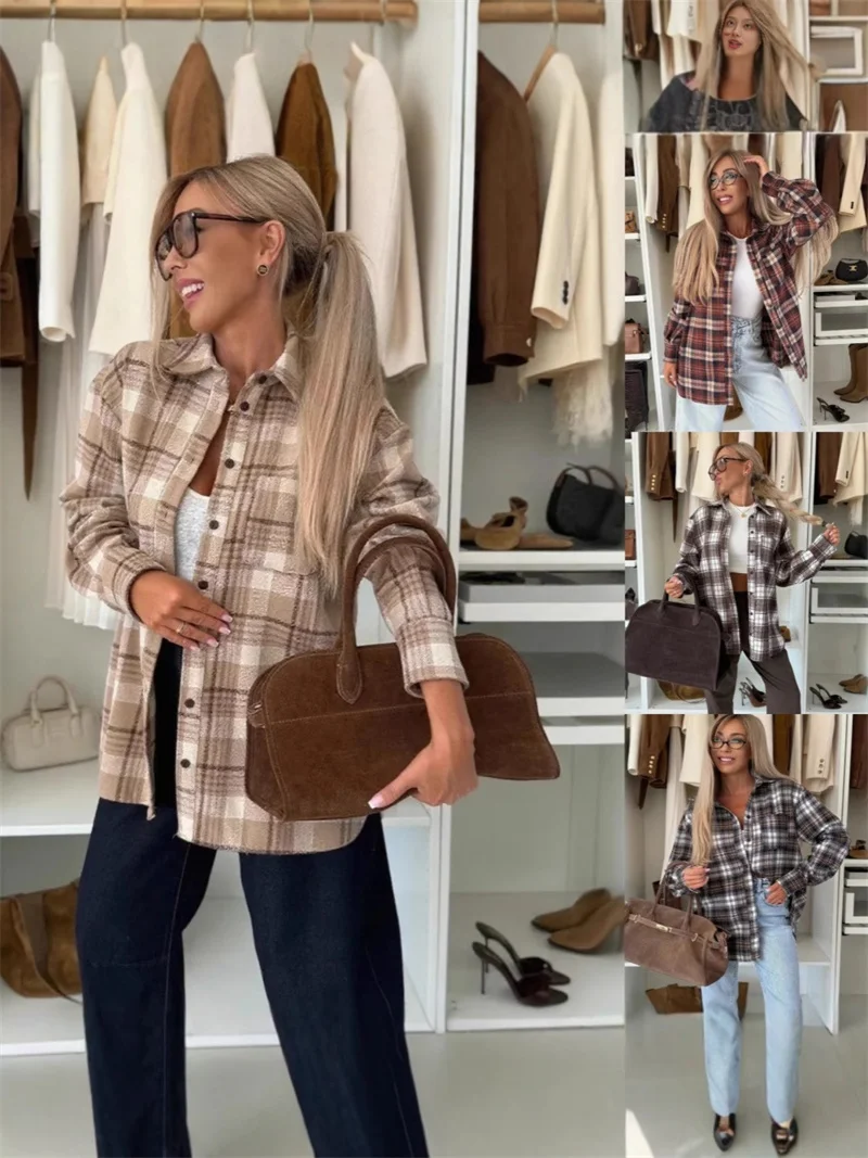

Повседневная клетчатая рубашка, женская свободная осенне-зимняя рубашка с лацканами и пуговицами, женское пальто с длинным рукавом, уютные винтажные топы цвета хаки, женская уличная одежда