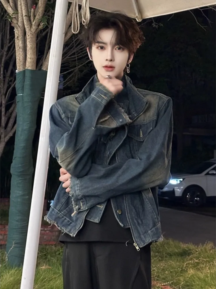 

Мужская джинсовая куртка Cleanfit с подплечниками, в американском стиле, модная, из полиэфирного волокна, с отложным воротником, длинный рукав.