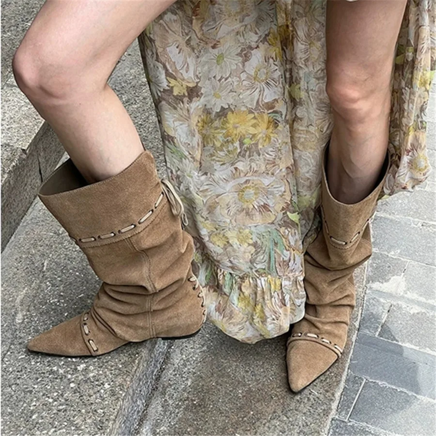 

2026 женские сапоги-гладиаторы до середины икры в стиле ретро, ковбойские плиссированные ботинки в стиле вестерн, увеличивающие рост, с острым носком, Runway Knight Botas Mujer