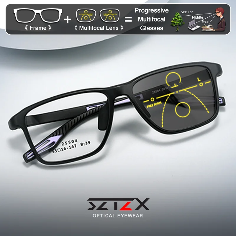 

SZTZX Classic Men Square Design Prescription Sporty Glasses Oversize Frame Blue Light Filter Photochromic Progressive Eyeglasses