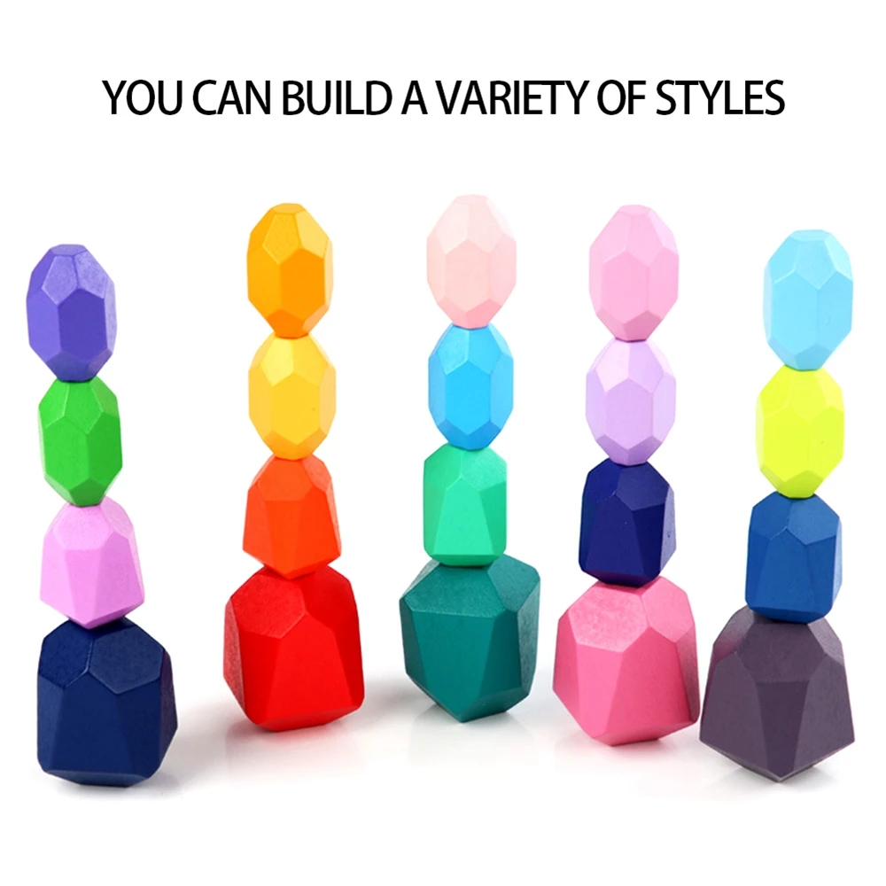 BAAA-Children Wooden Colored Stone Blocks Building Block Educational Toy Nordic Style Stacking Block Game Rainbow Wooden Toy
