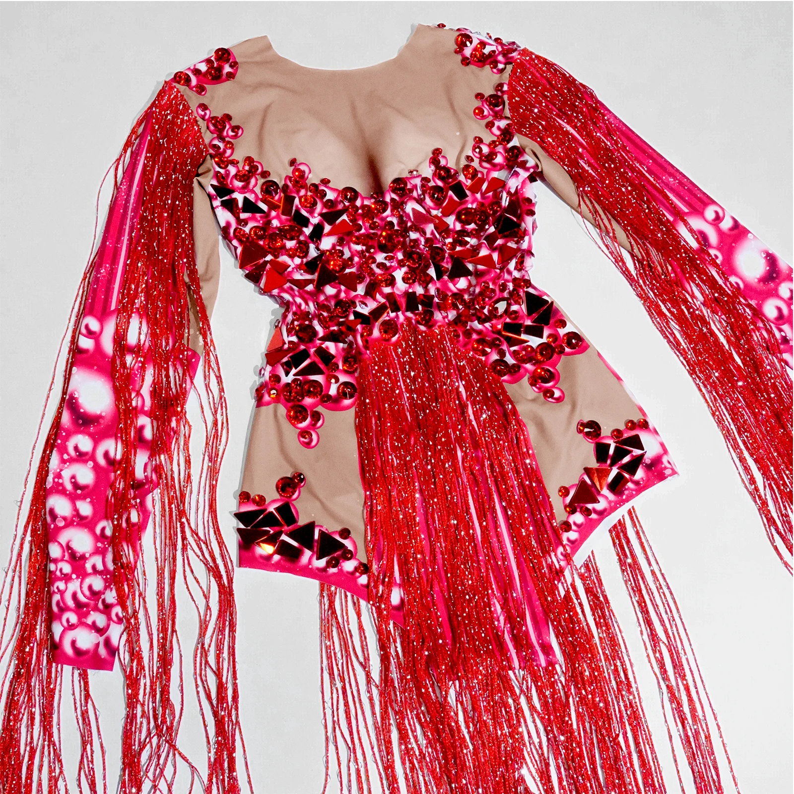 

Modern Bodysuit Red Fringed Mirror Rhinestone Leotard Dance Singer Birthday Party Nightclub Drag Queen Outfit Stage Wear Perform