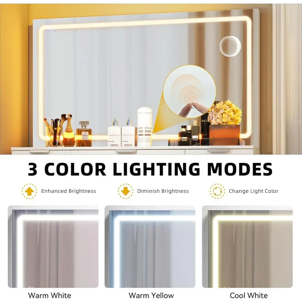 Vanity with LED-Lit Mirror & Electrical Socket, Cosmetic Vanity Station with 11 Compartments and Magnifier, 46'' Dressing Table image 2