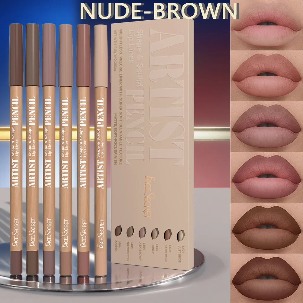 6 Pcs/set Nude Lip Liner Makeup Set Natural and Long lasting Waterproof Matte Lip Combo Lip Liner Suitable for Daily Makeup