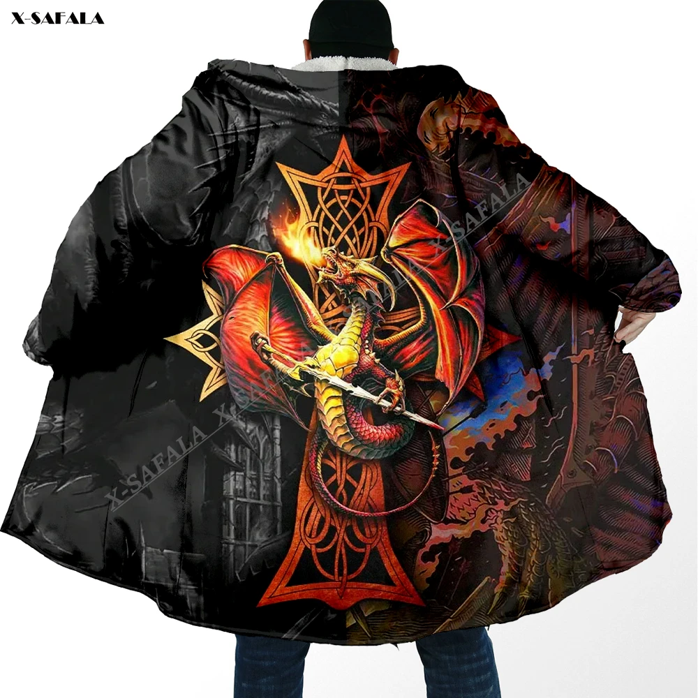 Celtic Cross Dragon Sword 3D Printed Cloak Thick Winter Warm Hooded Blanket Coat Fleece Adult Jacket Pullover