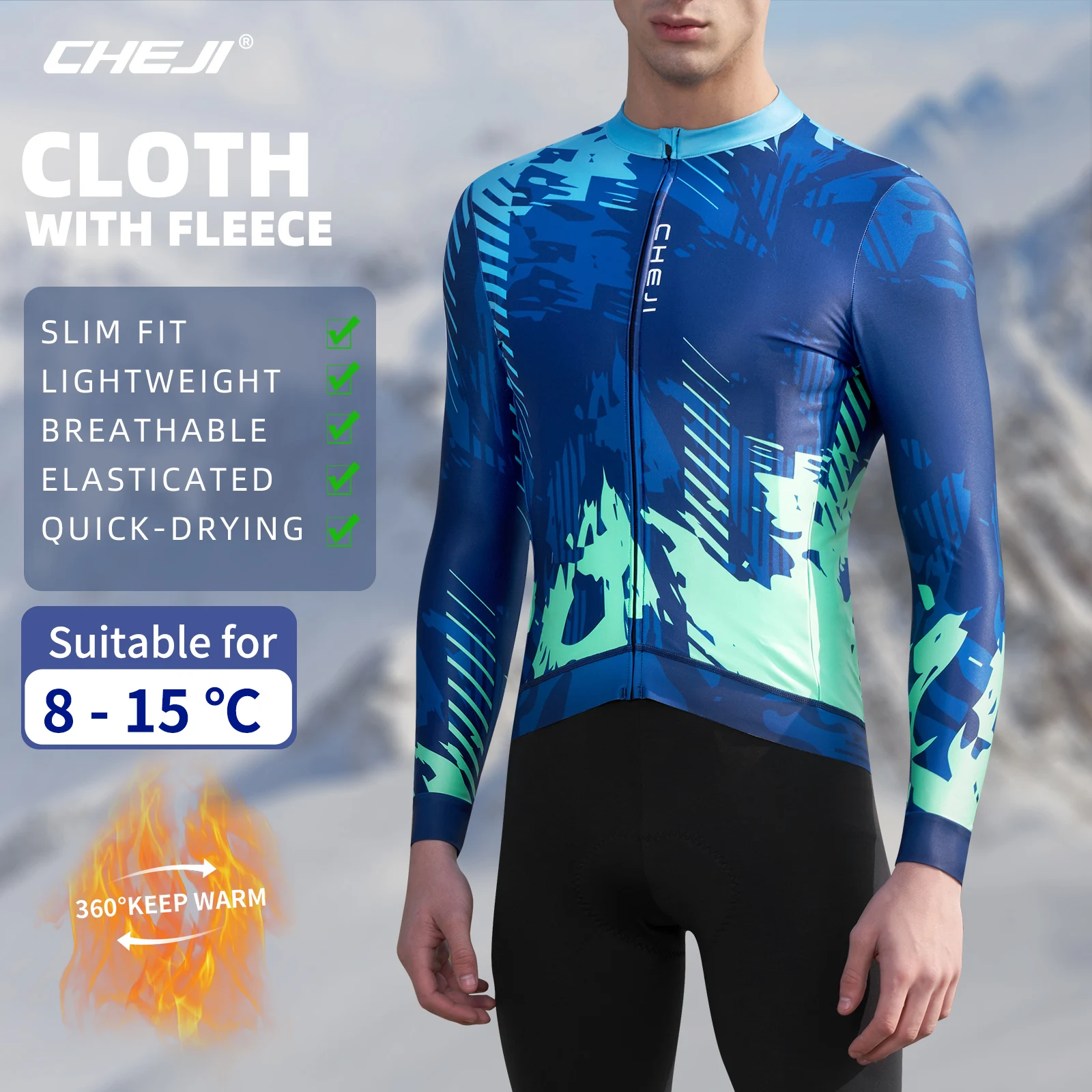 CHEJI Winter Cycling Jerseys Long Sleeves Full-zips Fleece-Lined Clothing Riding Bike Sports for Men Breathable Slim Equipment