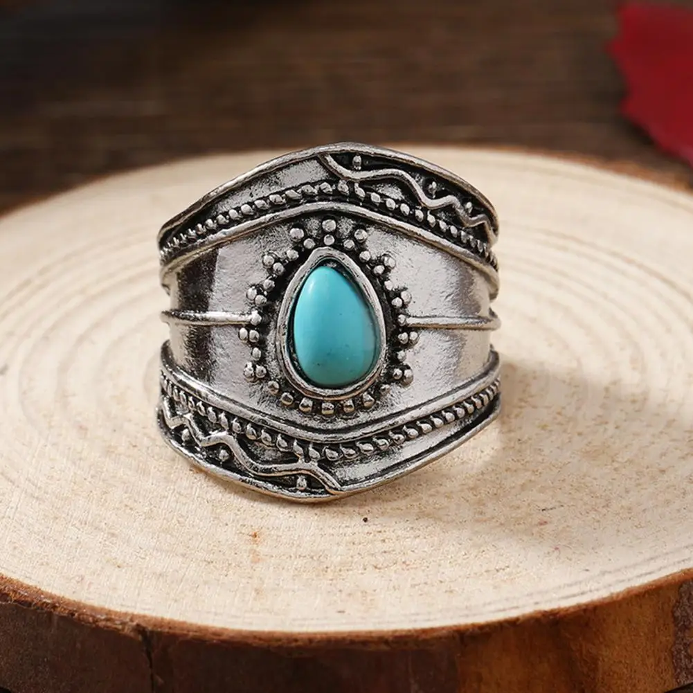 Unisex Ring Faux Turquoise Wide Retro Ethnic Style Ring Handmade Polished Alloy Party Daily Wear Adult Finger Jewelry