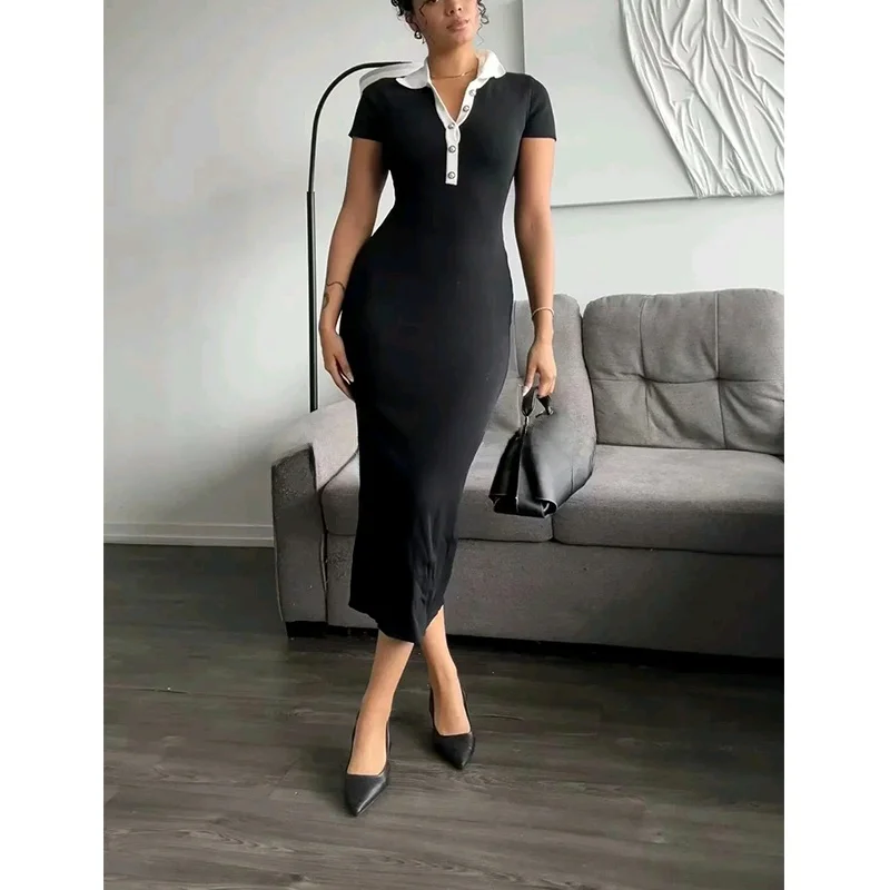 Vestido de malha longo de manga curta com blocos de cores para mulheres, estilo casual para o dia a dia, com gola , cintu...