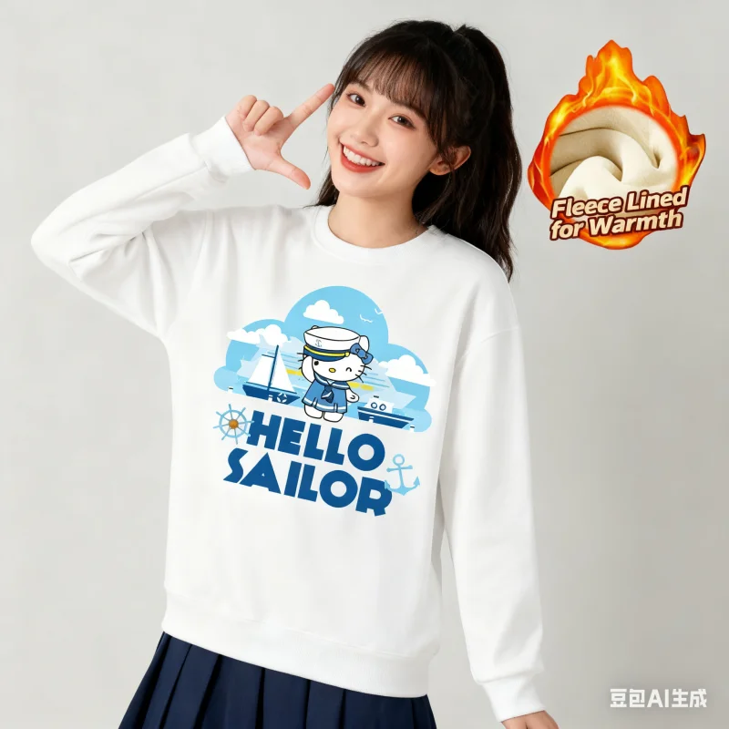 

2025 Sanrio Series Printed Crew Neck Long-Sleeve Top, Cute and Warm Fleece-Lined Crew Neck Long-Sleeve T-Shirt, 100% Cotton