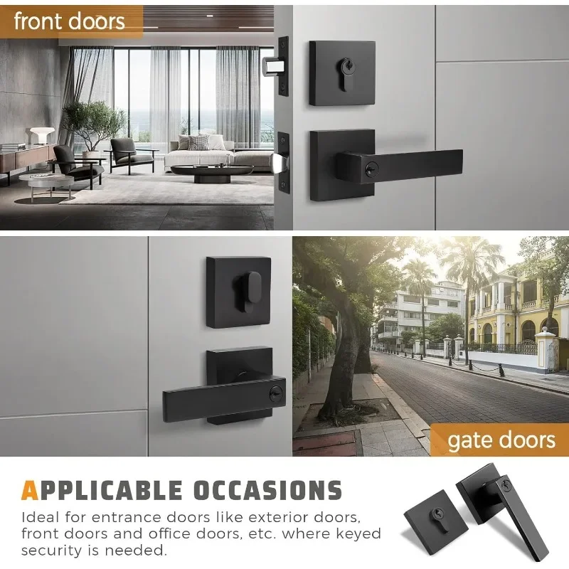 6 Pack Heavy Duty Front Door Entry Lever Lockset and Single Keyed Square Deadbolt Combination Set, Matte Black(Keyed Alike)
