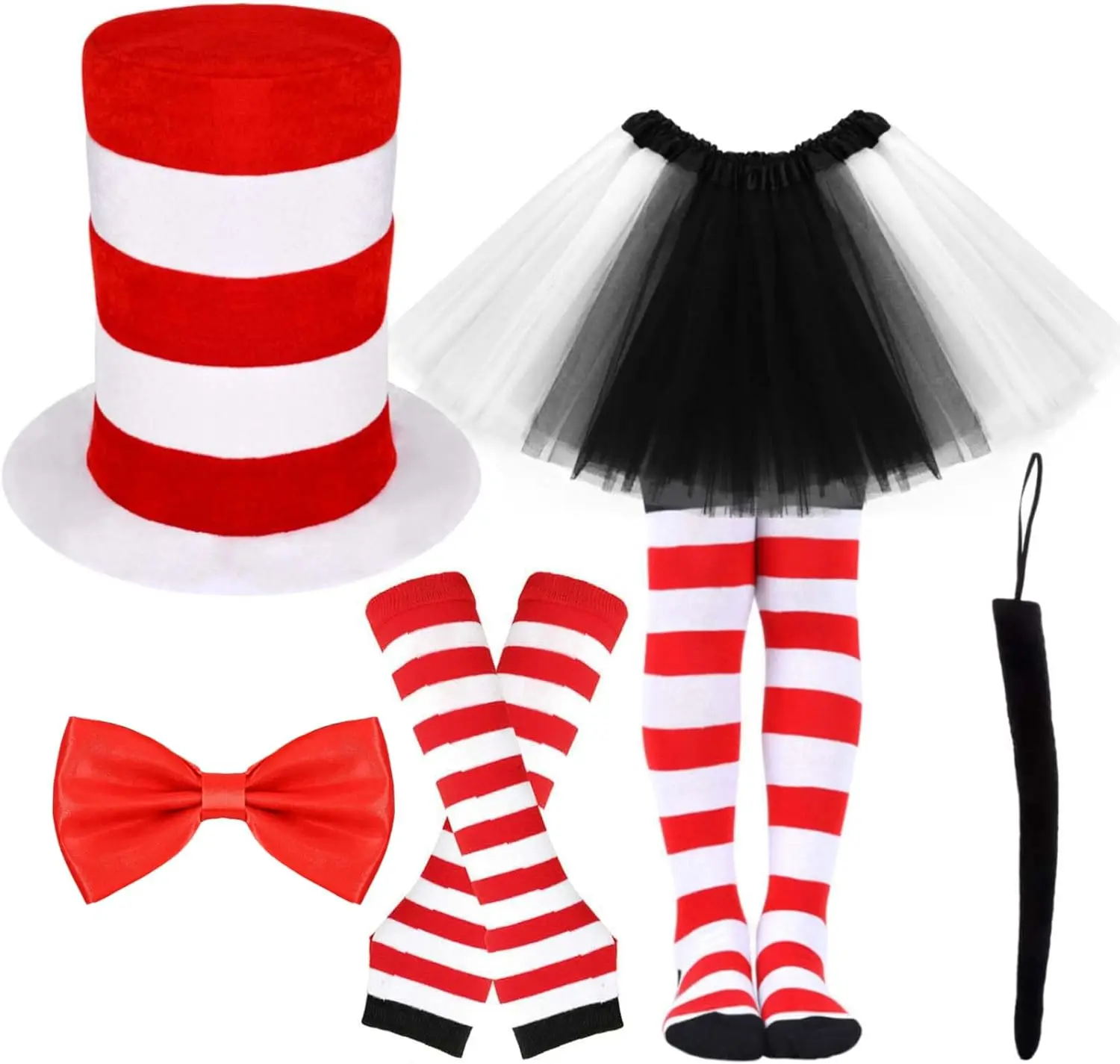 

6Pcs Cat Costume Accessories Set Red White Striped High Top Hat Gloves Socks Black White Skirt Red Bow Tie Tail Party Supply