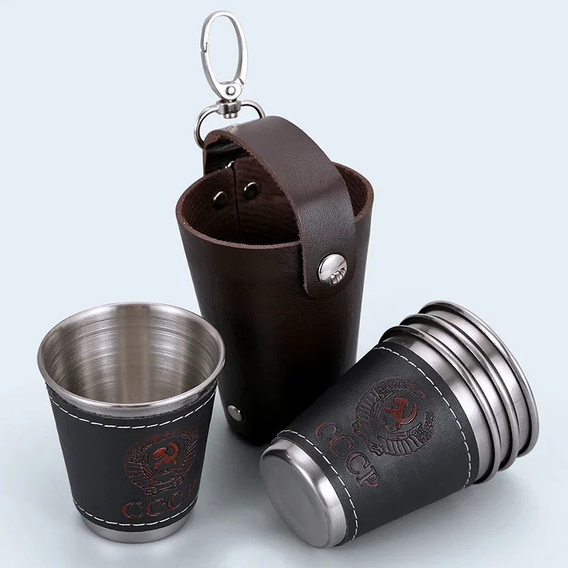 70ml Shot Glass Set 304 Stainless Steel Hip Flask Cup Outdoor Russia Vodka Cup Whiskey Alcohol Shot FlaskWith PU Leather