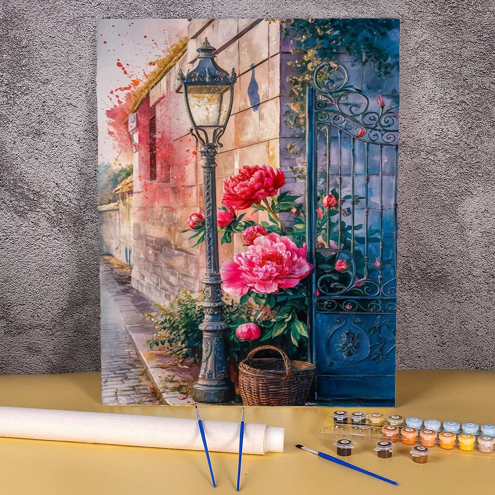 

DIY Painting By Numbers On Canvas Town Landscape Peony Flowers Drawing By Number Wall Art For Bedroom Adults Picture Coloring