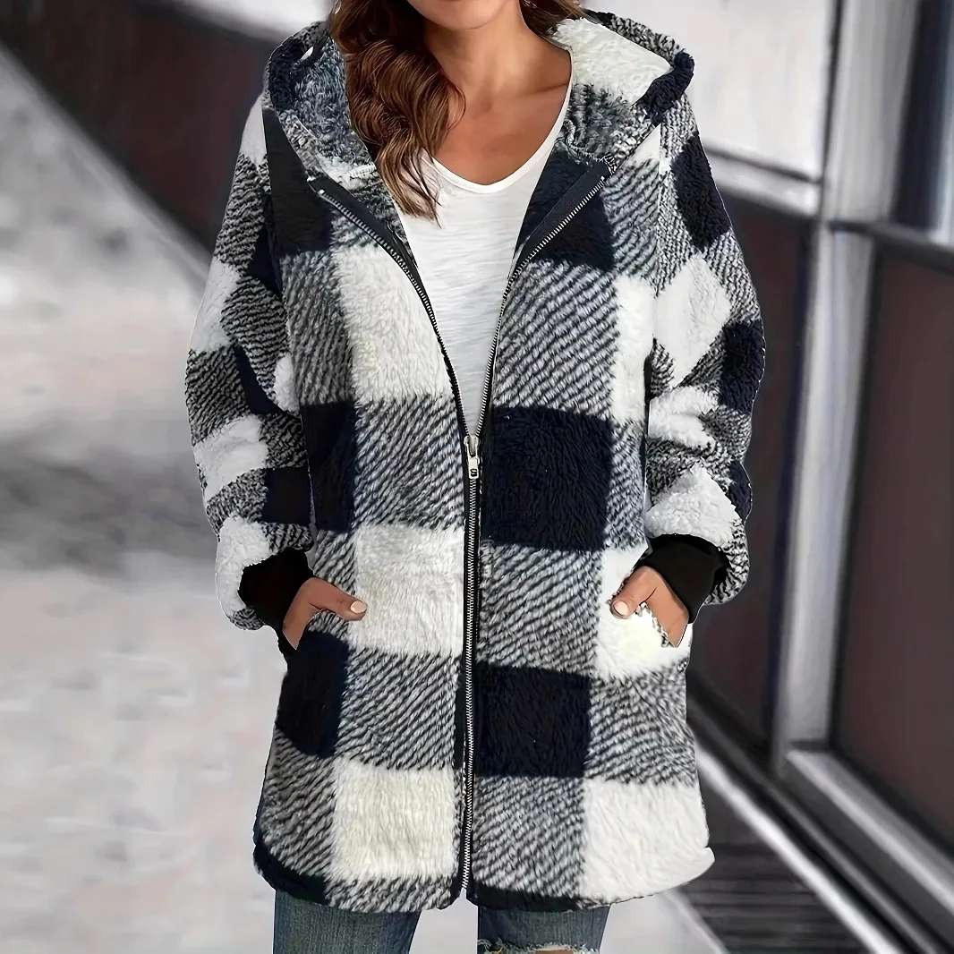 

2025 New Women's Plush Jacket Hooded Zip Up Coat with Pockets Oversized Casual Winter Outerwear