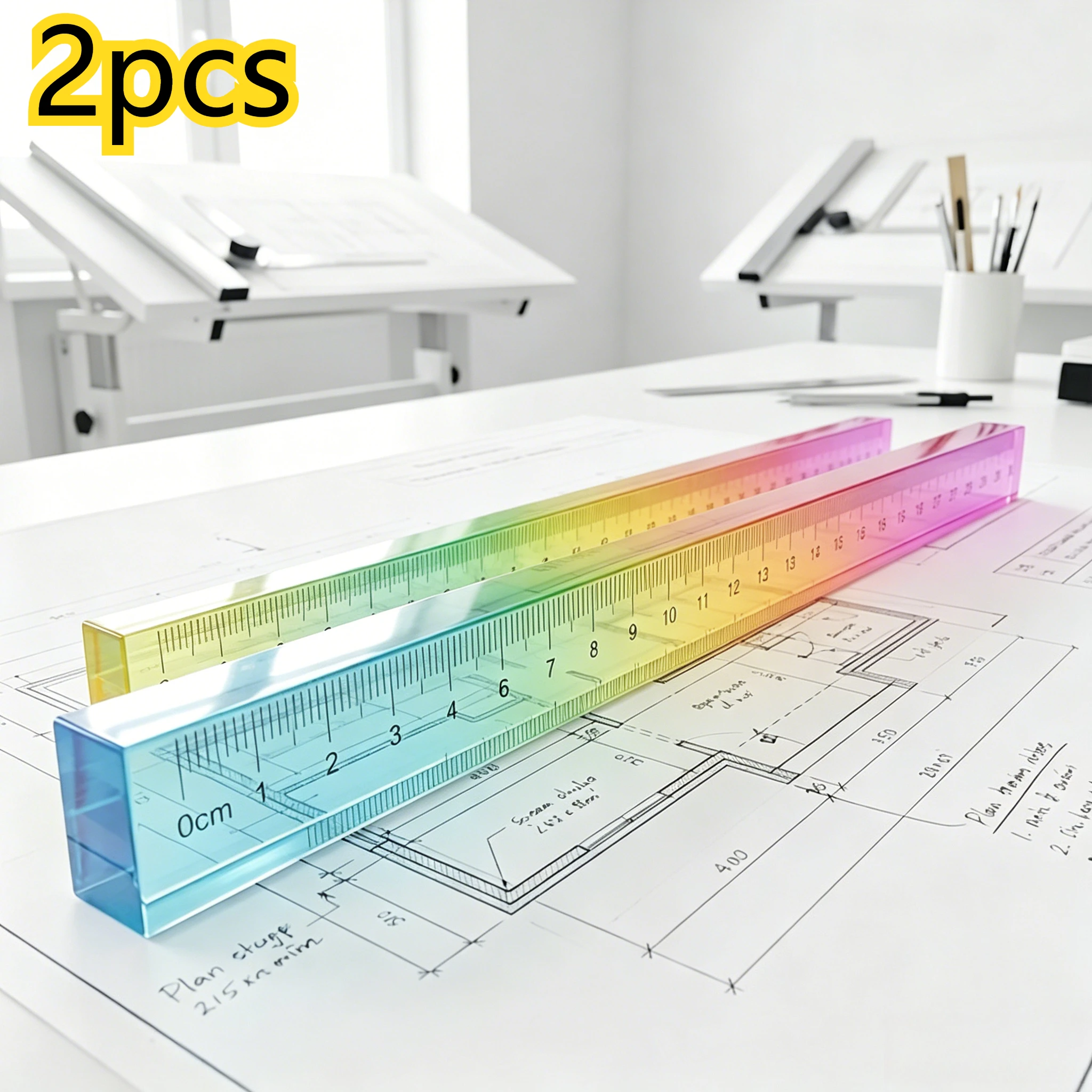 2pcs Color Gradient Clear Acrylic Straight Ruler, 30cm Transparent Precision Measuring Ruler for Drawing Drafting School Office