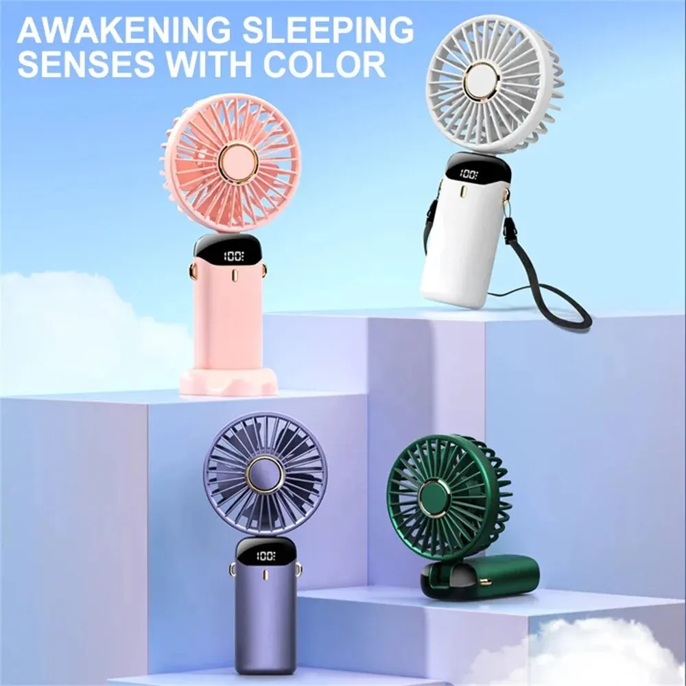 Mini ventilador de mão com suporte para telefone e tela, dobrável, portátil, pescoço suspenso, 5 velocidades, USB recarregável, 4000mAh