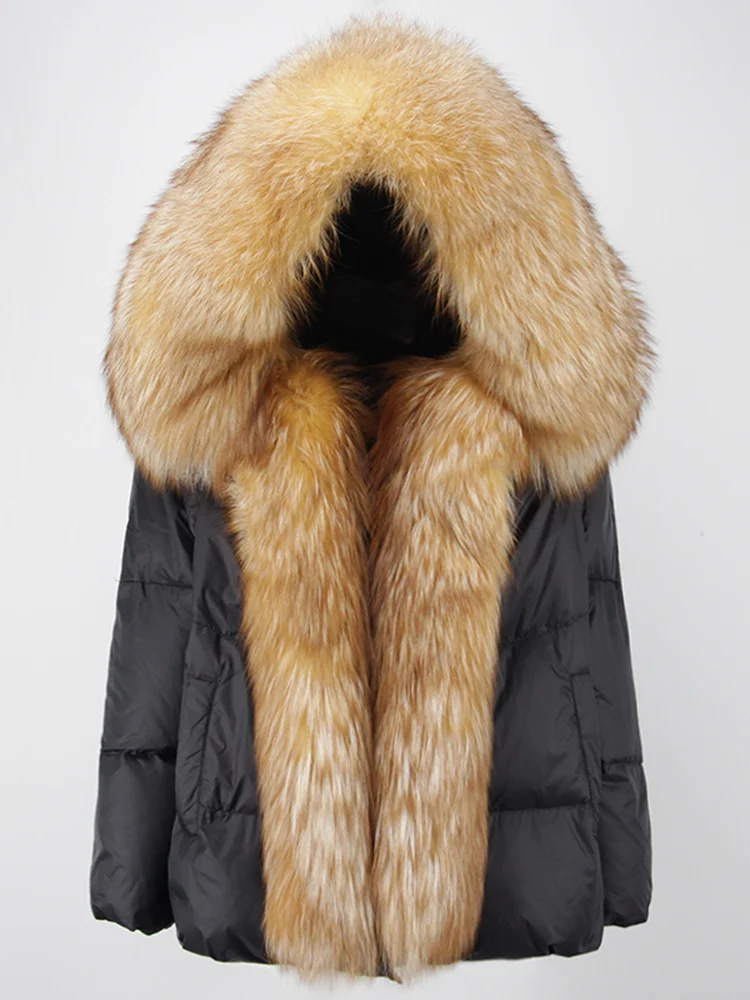 المرأة الجديدة الشتاء معطف فرو الثعلب الحقيقي الياقة الطبيعية سميكة الدافئة مقنعين بطة أسفل سترة فاخرة أبلى الإناث فضفاضة