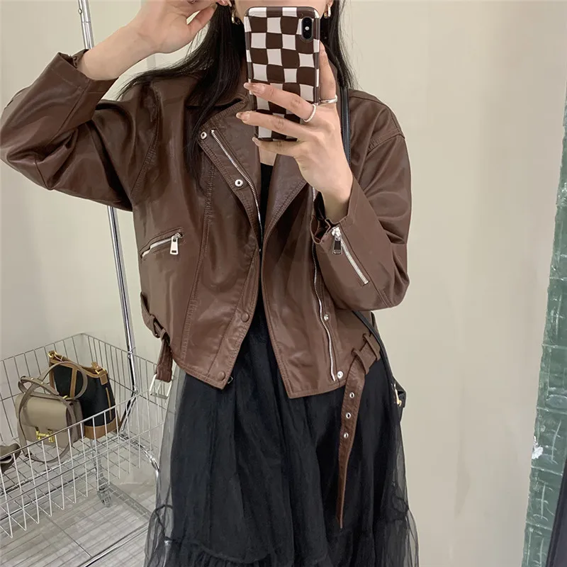 Spring Autumn Brown Faux Leather Coat With Belt Loose Casual Lapel Long Sleeve Female Biker Jacket Streetwear Casaco Feminino