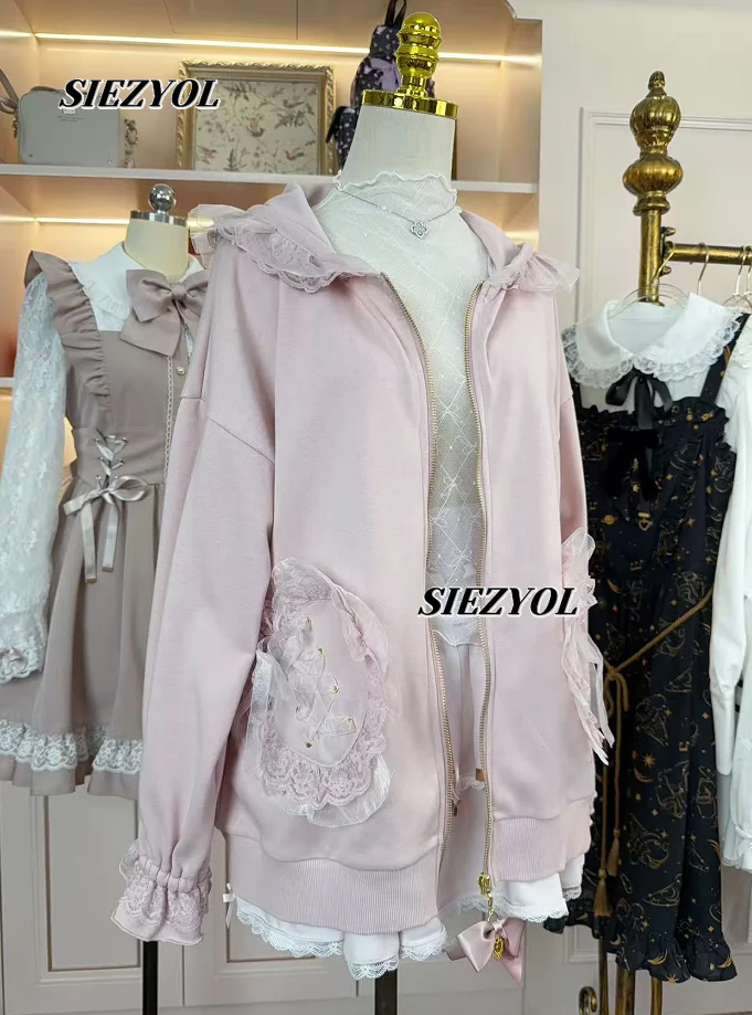 Spring Autumn New Japanese Cute Hooded Zipper Jacket Sweet Girls Solid Color Rabbit Ears Pocket Lace Edge Thin Sweatshirt Coat