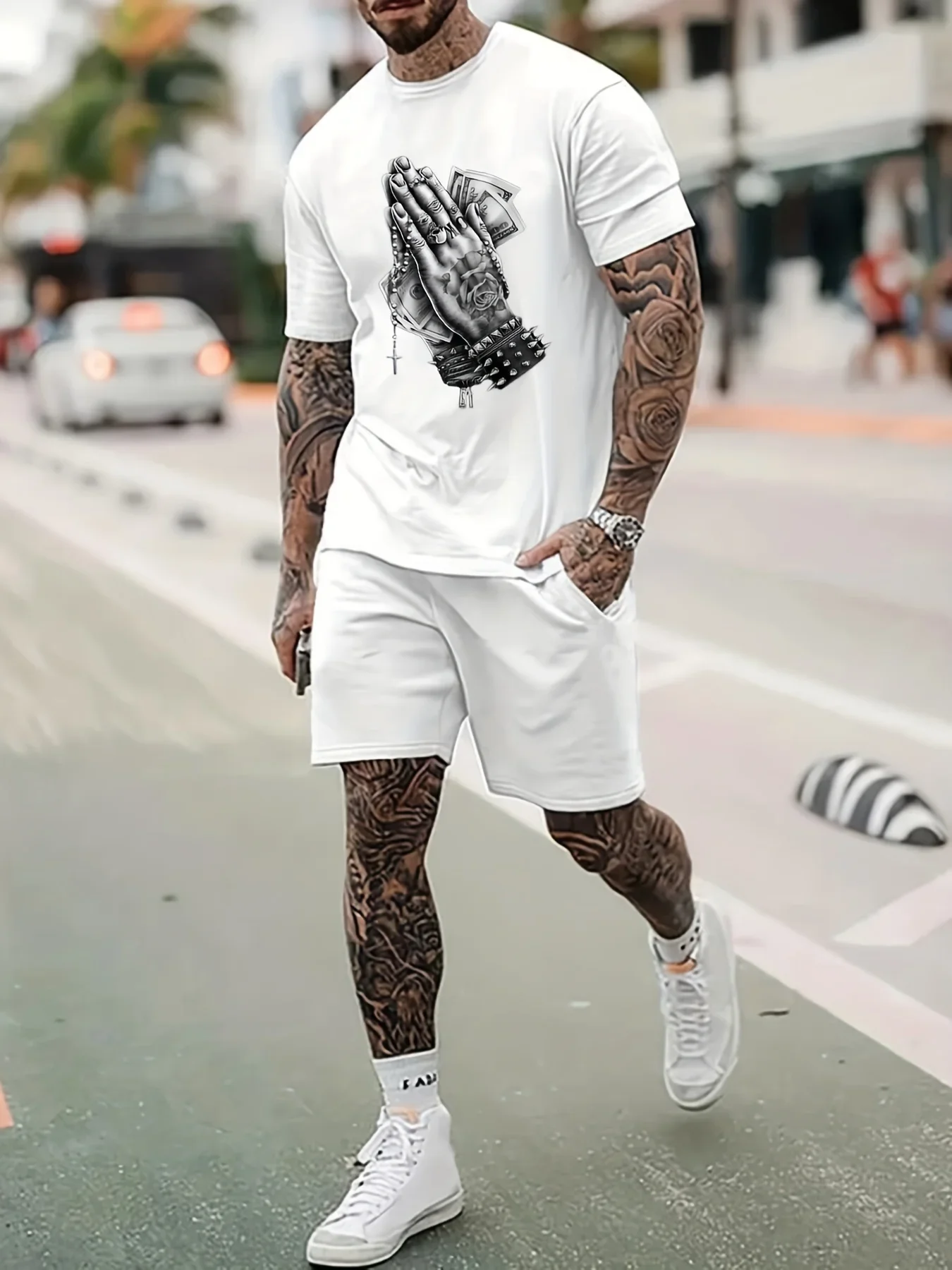 100% cotton men\'s summer casual Praying Hands Pattern print loose size round neck short sleeved T-shirt+shorts set