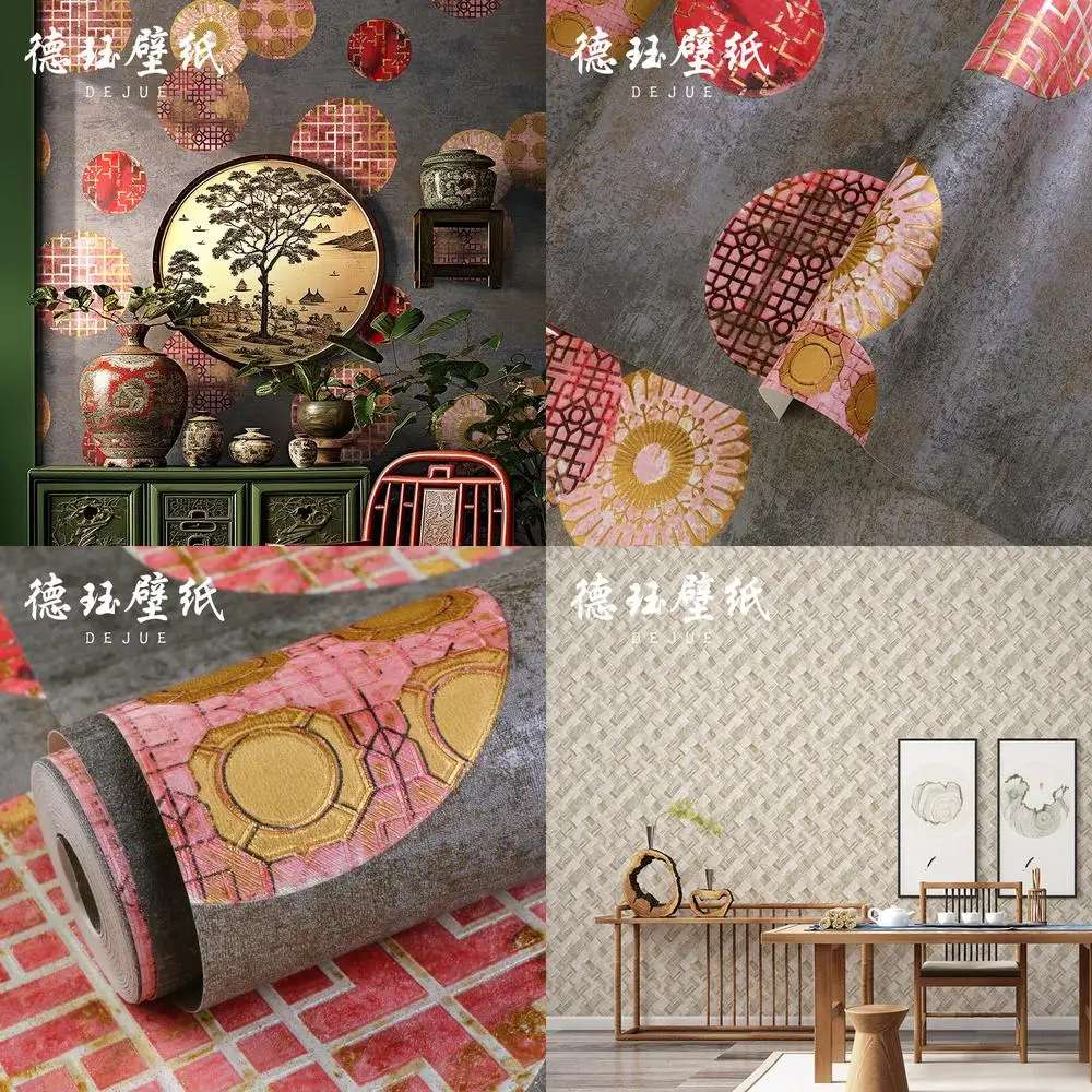 Chinese style wallpaper gold foil national trend non woven fabric bedroom TV background wall tea room thickened non self