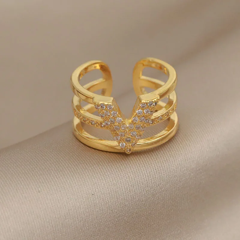 Classic Crystal Letter V Adjustable Rings for Women Fashion Brand Jewelry Double Layer Zirconia Rings Party Gift Accessories